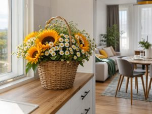 Цветы в корзинке с подсолнухами и ромашкой — солнечный подарок на новоселье в новой квартире